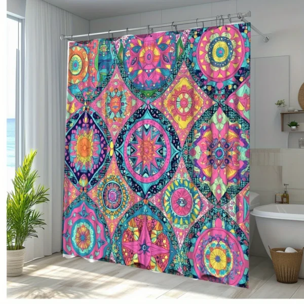 Rideau de douche floral mandala lin – Image 4