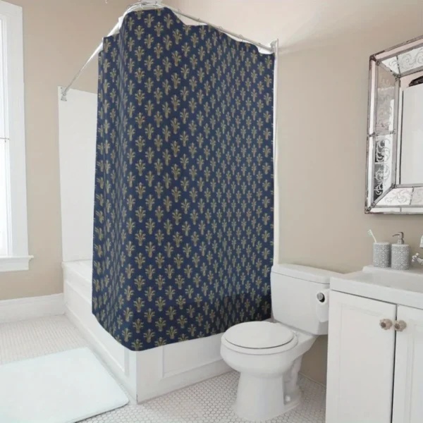 Rideau de douche lin bleu floral – Image 5